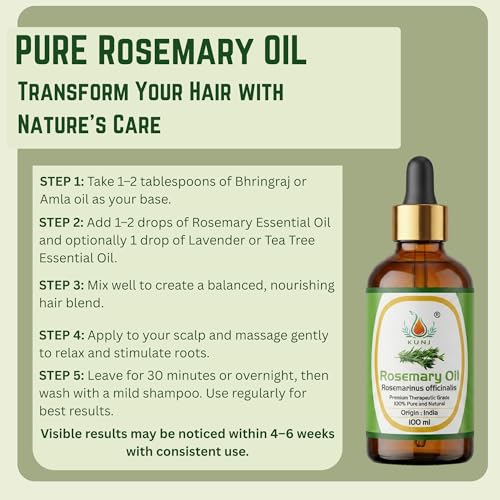 Image of KUNJ Rosemary Oil for Hair Growth & Hair Fall Control - 100ml | 100% Pure & Natural Undiluted Rosemary Essential Oil | Promotes Thick Hair, Scalp Nourishment, Dandruff Care | Steam Distilled