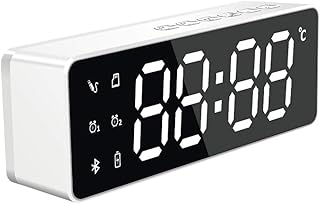 POHOVE Digital Alarm Clock Bedside Clock, Bluetooth Speaker, FM Radio, Double Alarm Clock, Big White Digital Display, 3 Levels Adjustable Brightness Dimmer