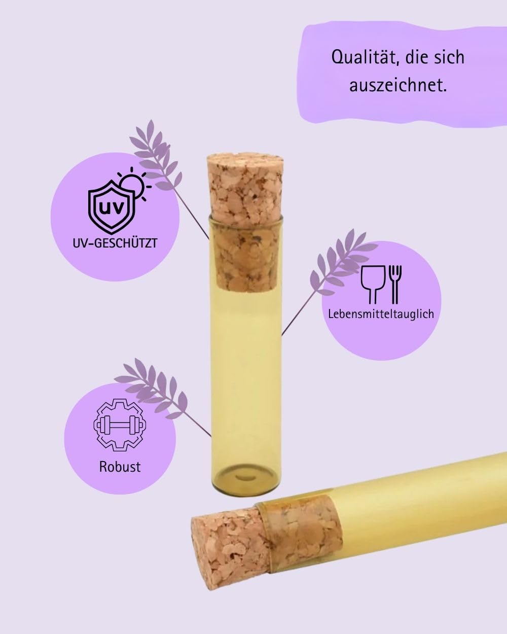 288 Stück Flachbodengläser | 50mm x Ø14mm | Globuligläser | UV-Schutz braune Laborgläser | Laborgefäß Braunglas| Reagenzglas stehend mit Natur Korkstopfen