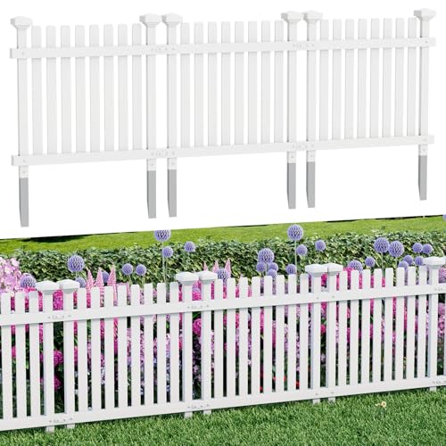 MELLCOM 2ft H x 2ft W (3 Panels) No Dig Garden Picket Fence Decorative Privacy Fence with Metal Stakes Garden Fence Border for Backyard Patio & Yard White