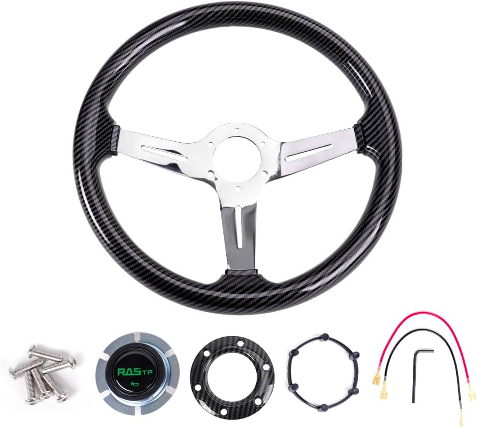 350mm 14" Deep Dish Acrylic Carbon Pattern Steering Wheel,Universal 6 Bolts EZGO Golf Cart Steering Wheel Slotted 3 Spoke with Horn button