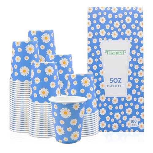Tixmelp 5 oz Disposable Paper Cups 100 Pack – Daisy Design Small Bathroom & Mouthwash Cups, BPA-Free Food Grade(Blue)