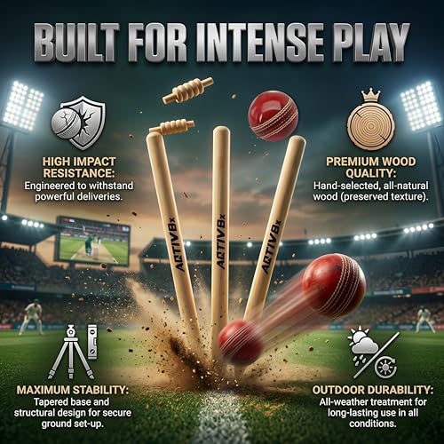 Image of Wooden Cricket Wicket Set Full Size with 1 Base, 2 Bails & 3 Wickets