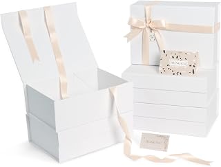White Gift Boxes with Lids 5 Pack, 11x8x4 Inches Medium Gift Box with Ribbon, Collapsible Gift Boxes with Magnetic Closure for Presents, Bridesmaid Proposal Box Contains Gift Card Ribbon Tag