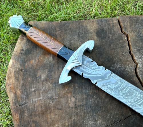 Empire - 32 Inch Long - Handmade Damascus Steel Double Edge Medieval Sword with Sheath - Micarta & Rose Wood Grip - Sharp Edges - Hand Forged Hunting Sword - Best Gift for Him