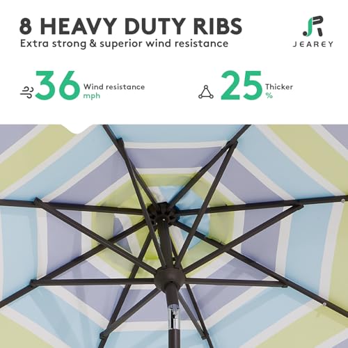 Image of JEAREY 9FT Outdoor Patio Umbrella Outdoor Table Umbrella with Push Button Tilt and Crank, Market Umbrella 8 Sturdy Ribs UV Protection Waterproof for Garden, Deck, Backyard, Pool (Blue-Green Stripe)