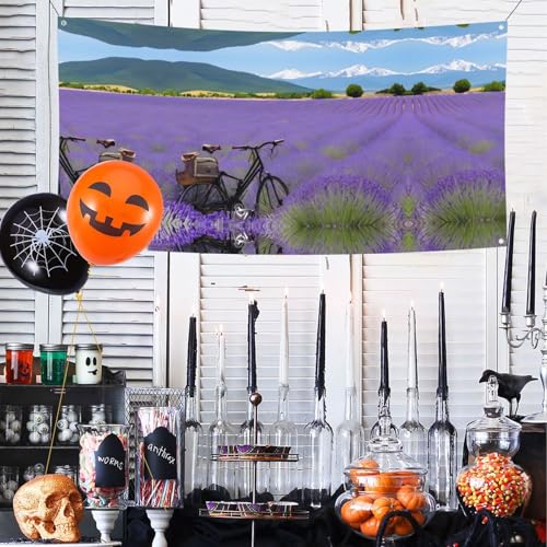 MINDBBDFJ Lavender Field Retro Bike Agriculture Print Banners And Signs For Outdoor/Indoor,Personalized Banner Customizable Parties Halloween Banner (180x90cm)2
