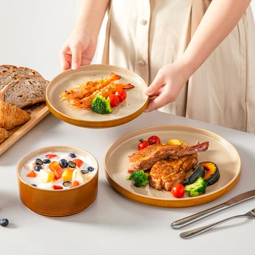 Image of vancasso ONION Ceramic Plates and Bowls Sets, 18 Pieces Brown Dinnerware Sets for Kitchen, Reactive Glaze Dishes Set for 6, Dishwasher and Microwave Safe