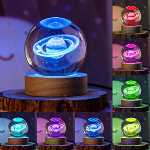 Image of 3D Crystal Ball Lamp with 16 Colors Changing LED Wooden Base - Solar System Night Light, Galaxy Lamps, Galaxy Crystal Ball Light with USB (16 Color Saturn)