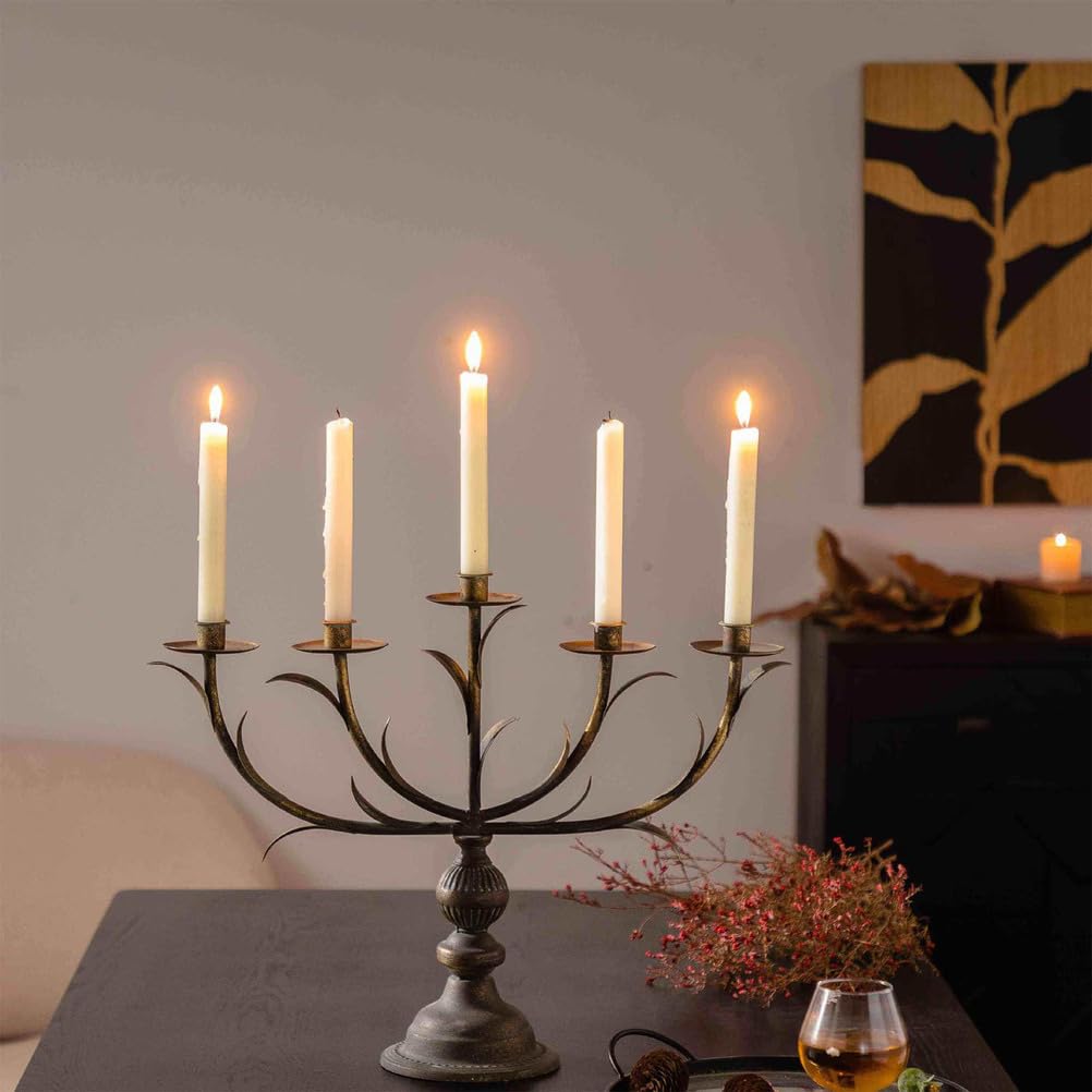 Candelabro In Ferro Bronzo Antico Vintage 5 Bracci Ramo Foglia Bionico Portacandela Conico Per Tavola Da Pranzo Matrimonio Arredamento Centrotavola Casa Rustica