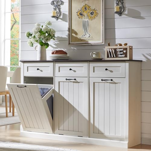 Image of IFGET Triple Tilt Out Trash Cabinet, Wood Trash Can Cabinet, Antique White