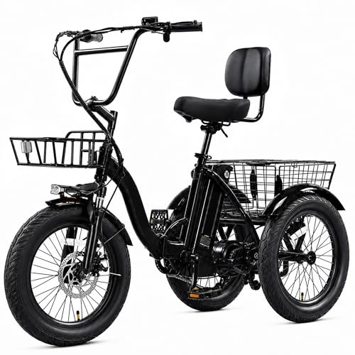 KAKIGO Elektro-Dreirad Für Erwachsene,Fat Tires Elektro-Dreirad,250W Motor,95 Nm,48V 18/10.4Ah Akku,20 Km/h, Vorder-&Hinterkorb,Differenzial,90/50Km Reichweite,Differential Schwarz Kleinformat-Version
