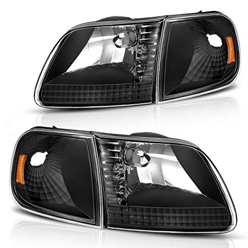 DWVO Headlight Assembly Compatible with 1997-2003 Ford F-150 Pickup/1997-2002 Ford Expedition Headlamp with Corner Light Black Housing Amber Reflector