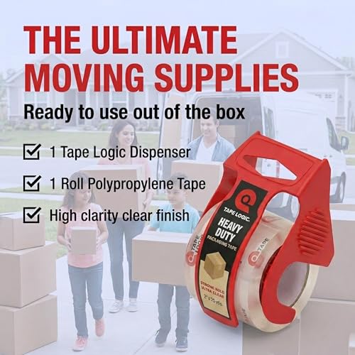 Image of Tape Logic Heavy Duty Packing Tape with Dispenser (1 Pack) - 2.6 Mil Thick Clear Shipping Tape, 2 in x 25 yd - Strong Industrial Adhesive for Moving Boxes, Mailing, & Shipping Packaging