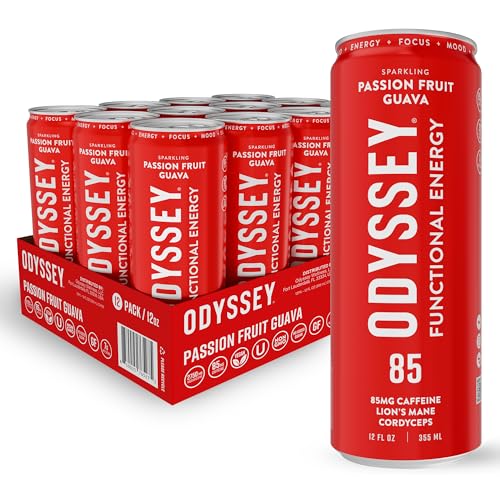 Odyssey Functional Energy Drink for Focus, Cognition & Mood Support 12 Pack - Adaptopgenic Drink with 222mg Green Tea Caffeine, Lionโs Mane, Cordyceps, L-Theanine & Ginseng - Sparkling Blue Raspberry