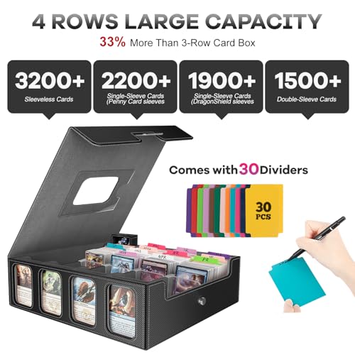 Image of 3200+ Trading Card Storage Box with Commander Display, 4 Row Card Deck Box with Portable Handle, Compatible for TCG /MTG /Magic Cards, 30 Colorful Divider, 8 Supporters, US Design Patent (Black&Grey)