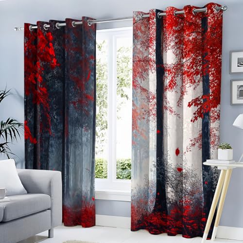 Rideau à oeillets paysage imprimé forêt rouge 3D isolant de haute densité - 2