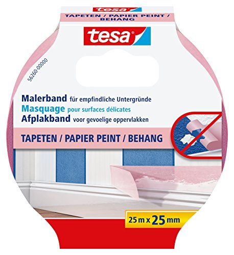 tesa Malerband TAPETEN – Dünnes Abdeckband für präzises Abkleben – geeignet für empfindlichen Oberflächen im Innenbereich – 25 m x 25 mm