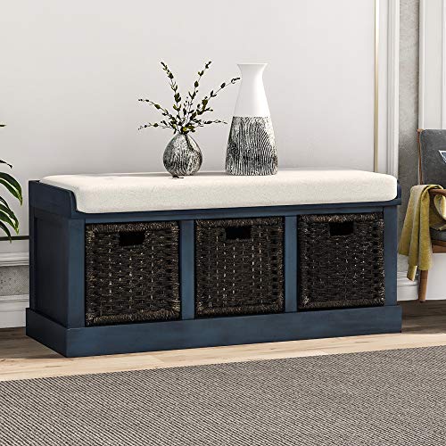P PURLOVE Rustic Storage Bench Entyrway Bench with 3 Removable Basket, Fully Assembled Shoe Bench Storage Bench for Entryway Bench with Removable Cushion for Living Room
