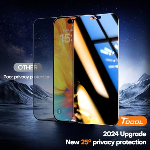 Image of TOCOL for iPhone 16 Pro Privacy Screen Protector 6.3-Inch True 25Anti Spy 9H+ Hardness Tempered Glass for Full Coverage Easy Installation 2 Pack