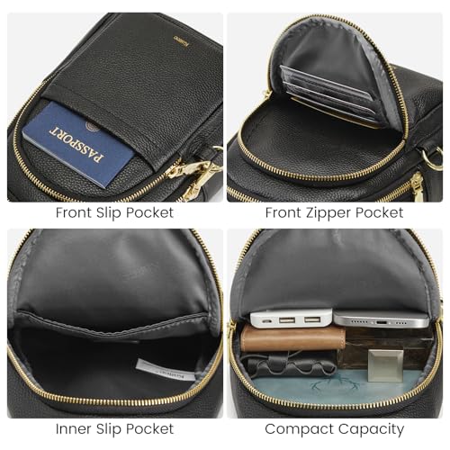 Image of Kattee Sling Bag for Women, Leather Crossbody Bag for Travel, Black | Top Grain Pebbled Leather. RFID back pocket, small chest bag fit 6.9-inch phone, fanny pack with adjustable strap.