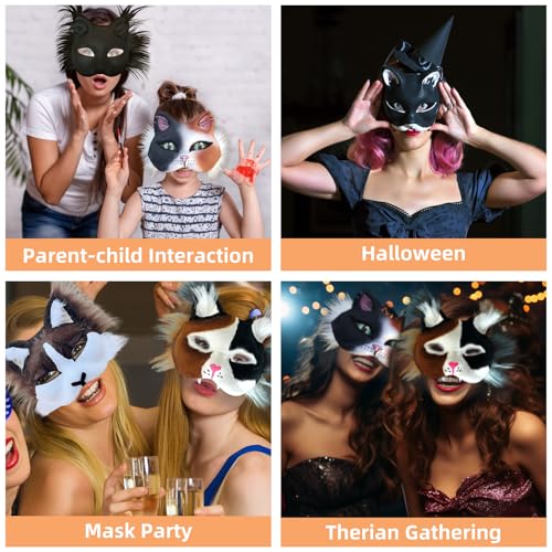 NOONEAU Therian Masks with Fur and Eye Mesh, 4-PCS Cat Therian Set for Kids' Arts & Crafts, DIY Ani