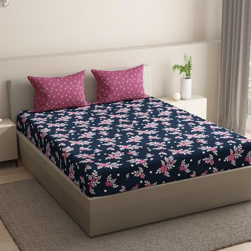 Image of Wakefit Cotton Fitted Bedsheet | 200 TC Elastic Solid Fitted Sheet, King Bed Bedsheet with 2 Pillow Covers | Paula - 84X72 Inches,Multicolor