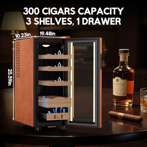 Image of Tylza Leather Trim Cigar Humidor, 35L Cigar Humidor Cabinet with Auto Humidity & Temp Control, 300 Counts, 3 LED Lights, Spanish Cedar Wood, Cigar Humidors with Safety Lock, Gifts for Men