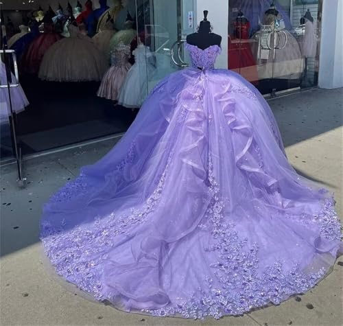 Ruffles Sequin Lace Applique Quinceanera Dresses Off Shoulder Ball Gown with Cape Puffy Lace Tulle Princess Dress2