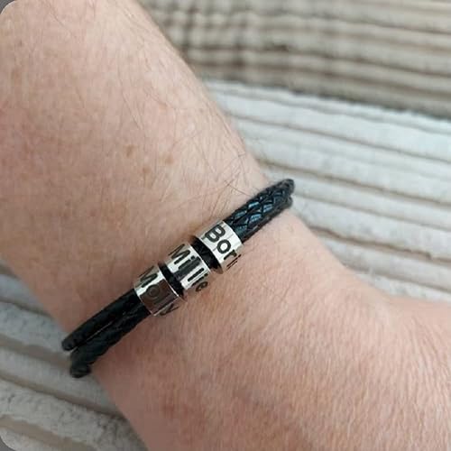 Miniatura 5 de TAONE Personalized Mens Leather Bracelet, Family Name Bracelet,Custom Engraved Name Bracelet, Sterling Silver Beads Bracelet, Fathers Day Gift Lover