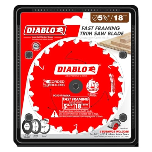 Image of Diablo Fast Framing Saw Blade for Wood - 5-3 /8 inch Diameter, 18 ATB Teeth | 20mm Arbor, .049 inch Kerf, 18 Hook Angle, .039 inch Plate, 14500 Max RPM - D053818WMX