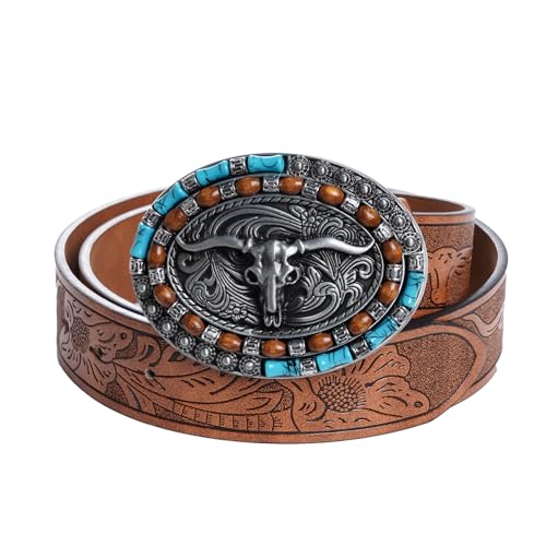 Women Men Western Leather Belts LongHorn Bull Buckle Vintage Belt Cowboy Cowgirl Country Turquoise Waist Belts