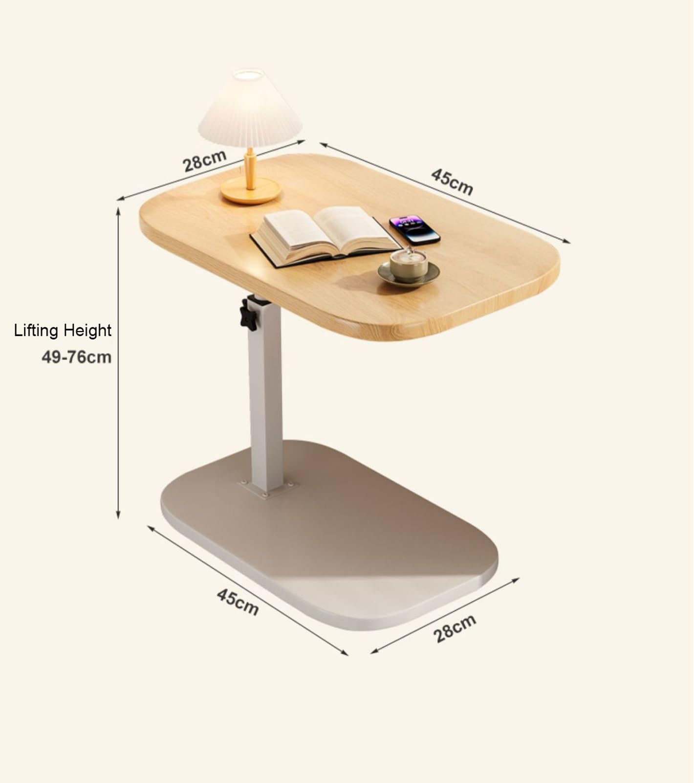 Table D'appoint En C Réglable En Hauteur - Plateau 40x30 Cm, Hauteur 45-80 Cm - Rotation 360° - Blanc Et Bois