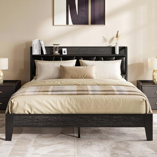 Image of LIKIMIO Full Size Bed Frame, PU Leather Storage Headboard with Charging Station, Solid and Stable, Noise Free, No Box Spring Needed, Easy Assembly, Black