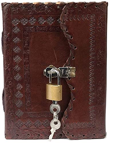 Image of Vintage Fashion 7 x 5 Inch Leather Journal Antique Hand Made Offices Diary Paper Notebook with Metal Lock (Brown), 200 Pages