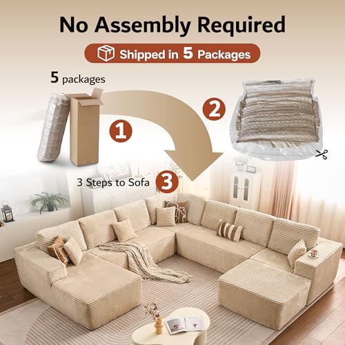 Image of ovios Sectional Cloud Couch for Living Room, Modular Floor Sofa with Plush Corduroy, No Assembly Required, Big Comfy Couches Set with Fluffy Memory Foam, Stupendous U Shaped Sofas with Chaise, Beige