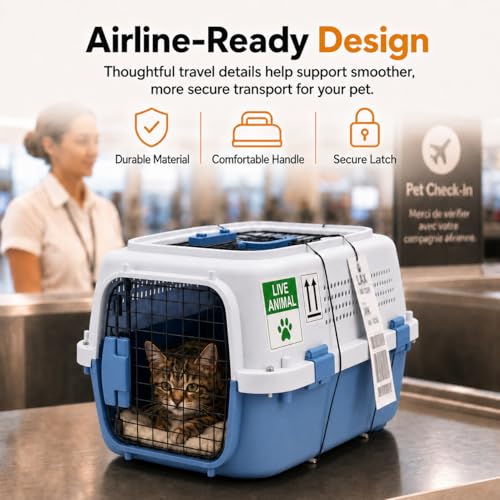 23" Airline Approved Cat Carrier Hard Shell, Dual-Entry Pet Carrier with Top & Front Doors, Detachable Food Bowl & Secure Lock, Breathable Dog Carrier for Cats & Small Dogs Up to 22 lbs - Blue - Image 7