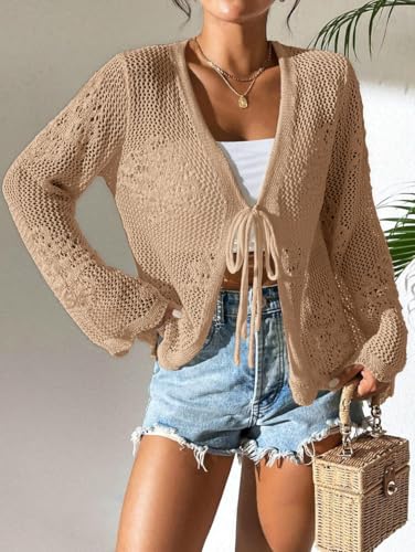 Image of Womens Tie Front Lightweight Crochet Cardigan Shrugs Knit Cardigan Crop Tops Cover Up