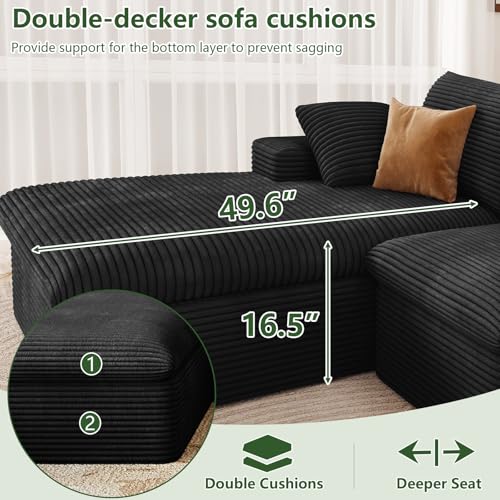 Image of 136 inch Cloud Couch Modular Sectional Sofa for Living Room, L-Shape Boneless Couch with Deep Seat, Modern Corduroy 4-Seater, No Assembly Required (Black,Left-Facing Chaise)