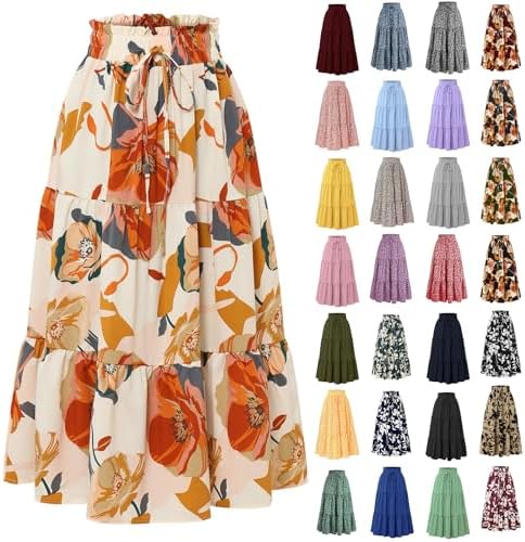Floral Midi Skirts for Women High Waisted Flowy Boho Skirt Holiday Ruffle a Line Pleated Skirts Faldas De Mujer Elegantes