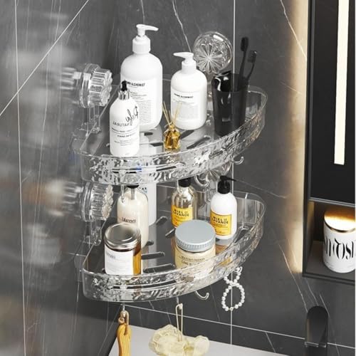 Image of Bathroom Corner Shelf for Wall with Strong Suction Cups - Transparent Acrylic Triangle Storage Rack with Utility Hooks, No-Drill Bathroom Organizer for Shampoo, Soap & Accessories (Round)