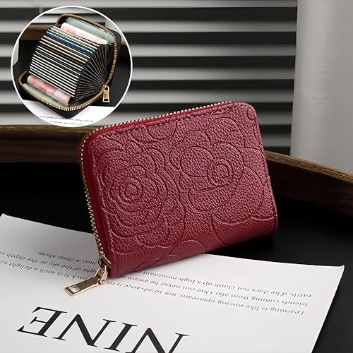 Stylish Floral Wallet for Women - Slim RFID Blocking Card Holder with Double Zip, Lightweight PU Leather (Black/Burgundy) (Burgundy)4