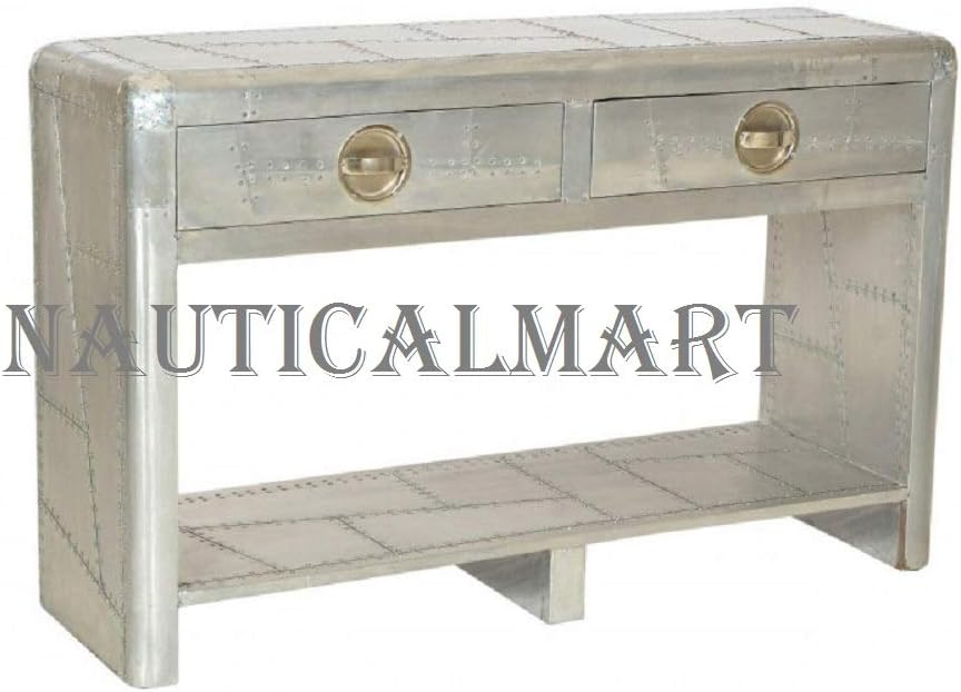 NauticalMart Designer Aluminum Console with 2 Drawers - Art Deco Vintage Aviator Furniture