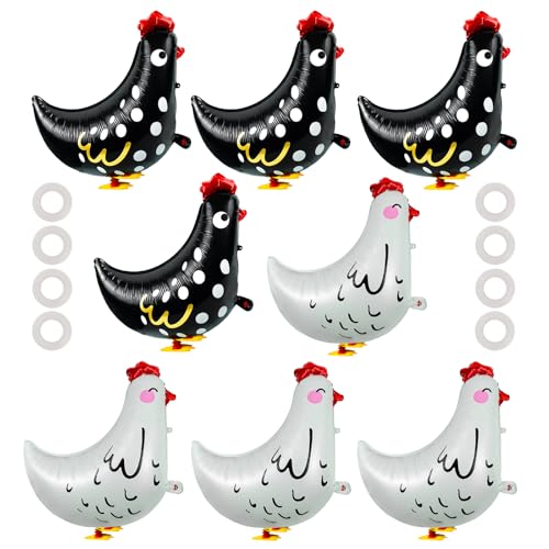 OWMOSYX 8 PCS Walking Chicken Balloons Aluminum Foil Pet Chicken Decorations for Baby Shower Kids Birthday Party Farm Animal Theme Supplies (4 Pcs White And 4 Pcs Black)