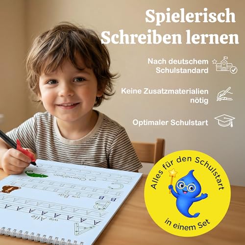 Magische Vorschule Übungshefte ab 5 für Jungen und Mädchen – Spielerisch Buchstaben, Wörter & Zahlen Schreiben Lernen mit Zaubertinte & Spurrillen - 4 Vorschulhefte mit Stift