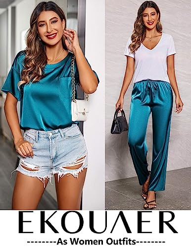 Ekouaer Satin Pajama Set For Women Silk Pajamas Set Satin Pj Set Short Sleeve Top And Long Pant Pajama Set Two Piece Sleep Set Silky Sleepwear Nightwear Green L #TOP4
