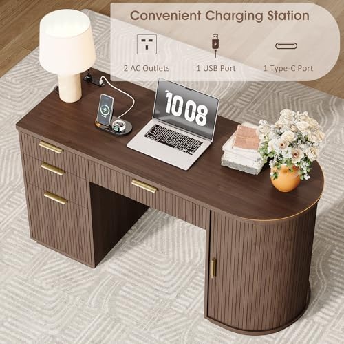 Alohappy 55\" Fluted Executive Desk, Mid Century Modern Computer Desk with Drawers and Charging Station, Home Office Wooden Writing Desks with File Drawer & Storage Cabinet for Work, Study, Walnut