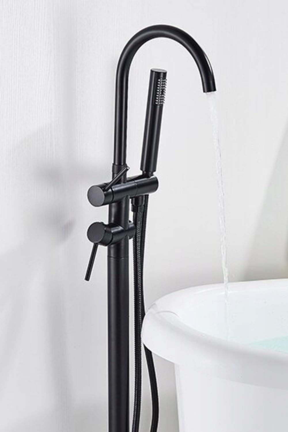 ARI Juego de grifería de baño Slim Tube con alcachofa de mano, grifo de lavabo empotrado y válvula de desagüe de clic clac, sin rebosadero, grifo de latón (montaje en suelo)