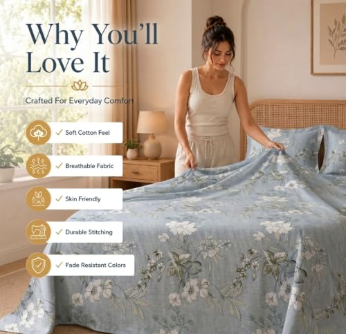 Image of HOMEKART Glace Cotton 160 TC Leaf Printed Double Bedsheet with 2 King Size Pillow Covers | Soft & Durable | 86 x 88Inches (Grey & White)