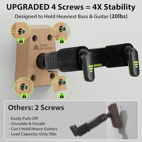 Image of AA AUDIO ACCESSORY Guitar Wall Mount Autolock - Nitro Friendly Velvet Hook - (Heavy-Duty Design) 4-Screw Wood Base of Over 20lbs Load Guitar Wall Hanger for Bass, Acoustic, Classical, Electric Guitar
